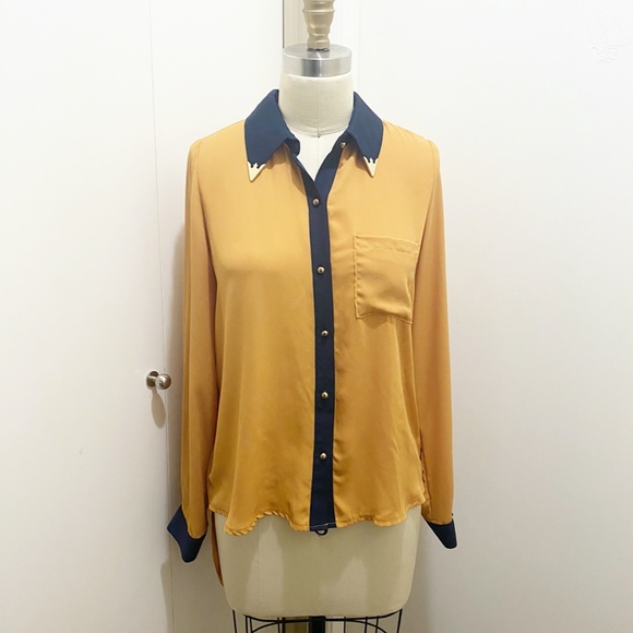 C by Chelsea High Low Long Sleeve Button Blouse Metal Collar Pumpkin Navy S/M - Picture 6 of 8